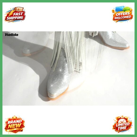 Rhinestone Cowboy Boots Sparkly Fringe Western Chunky Heel Pointed Toe - Picture 7 of 7